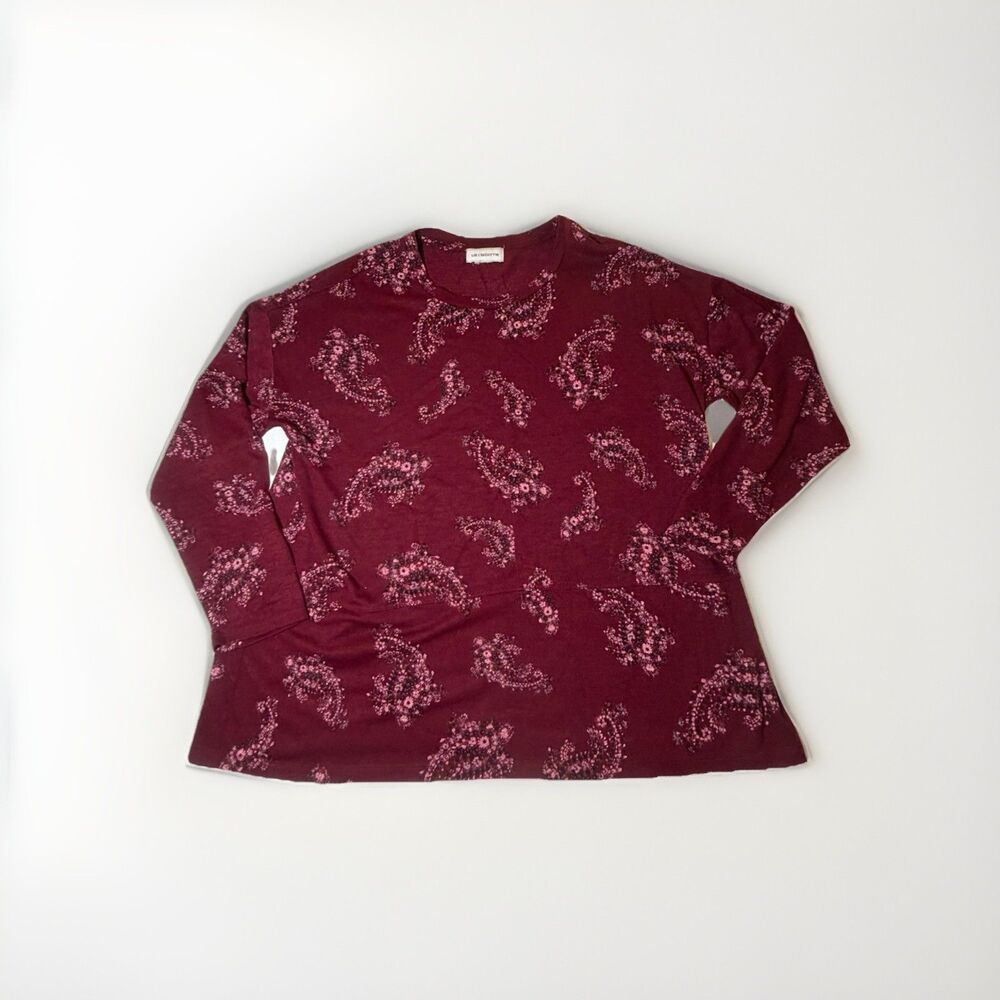 Liz Claiborne Career Tunic Top Burgundy Paisley Crepe Blouse Womens XL